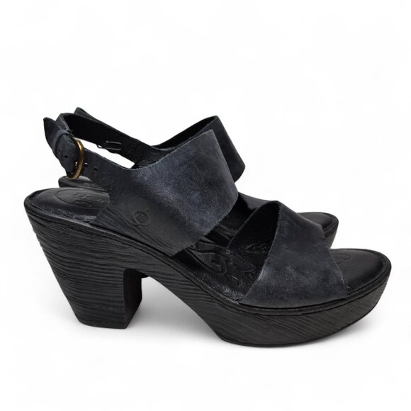 Born Cindie Black Leather Heeled Sandals Chunky Strap Open Toe Block Heel 11 - Picture 1 of 9